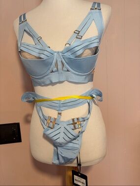 Honey Birdette Powder Blue Strappy Bra & Garter Set